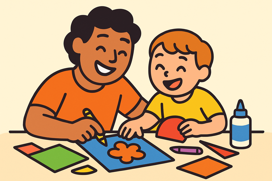 A parent and child happily doing a craft project together